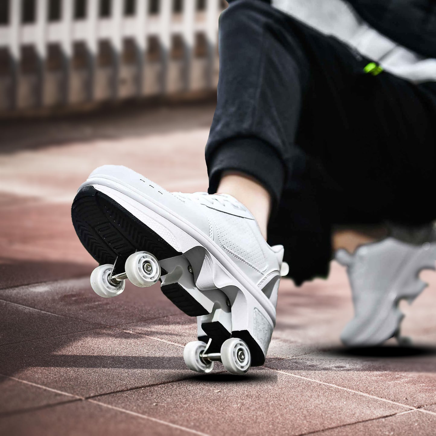 White Silver Roller Skate Shoes for Men, Double-Row Deform Wheel Automatic Walking Shoes, Retractable Roller Skate, Shoes with Wheels, Skating Shoes for Outdoor Fun & Fitness