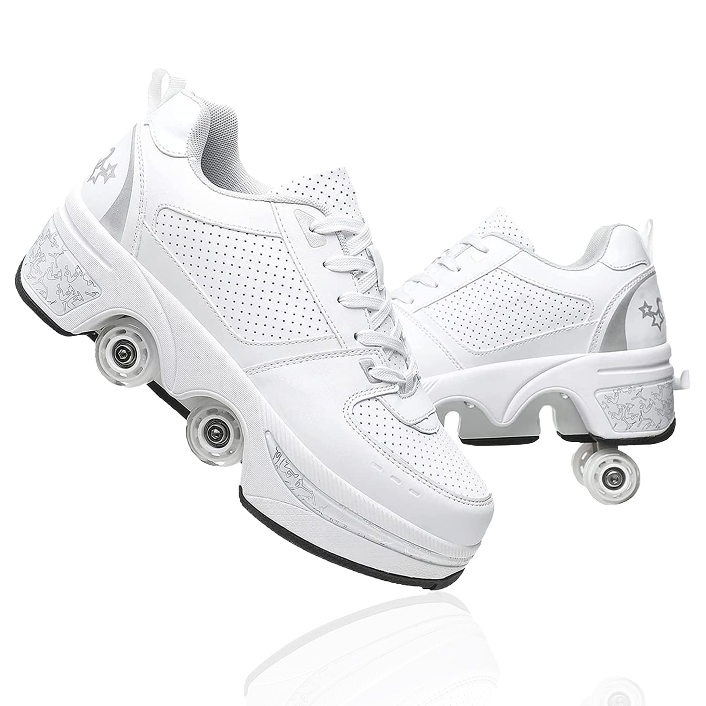 White Silver Roller Skate Shoes for Men, Double-Row Deform Wheel Automatic Walking Shoes, Retractable Roller Skate, Shoes with Wheels, Skating Shoes for Outdoor Fun & Fitness