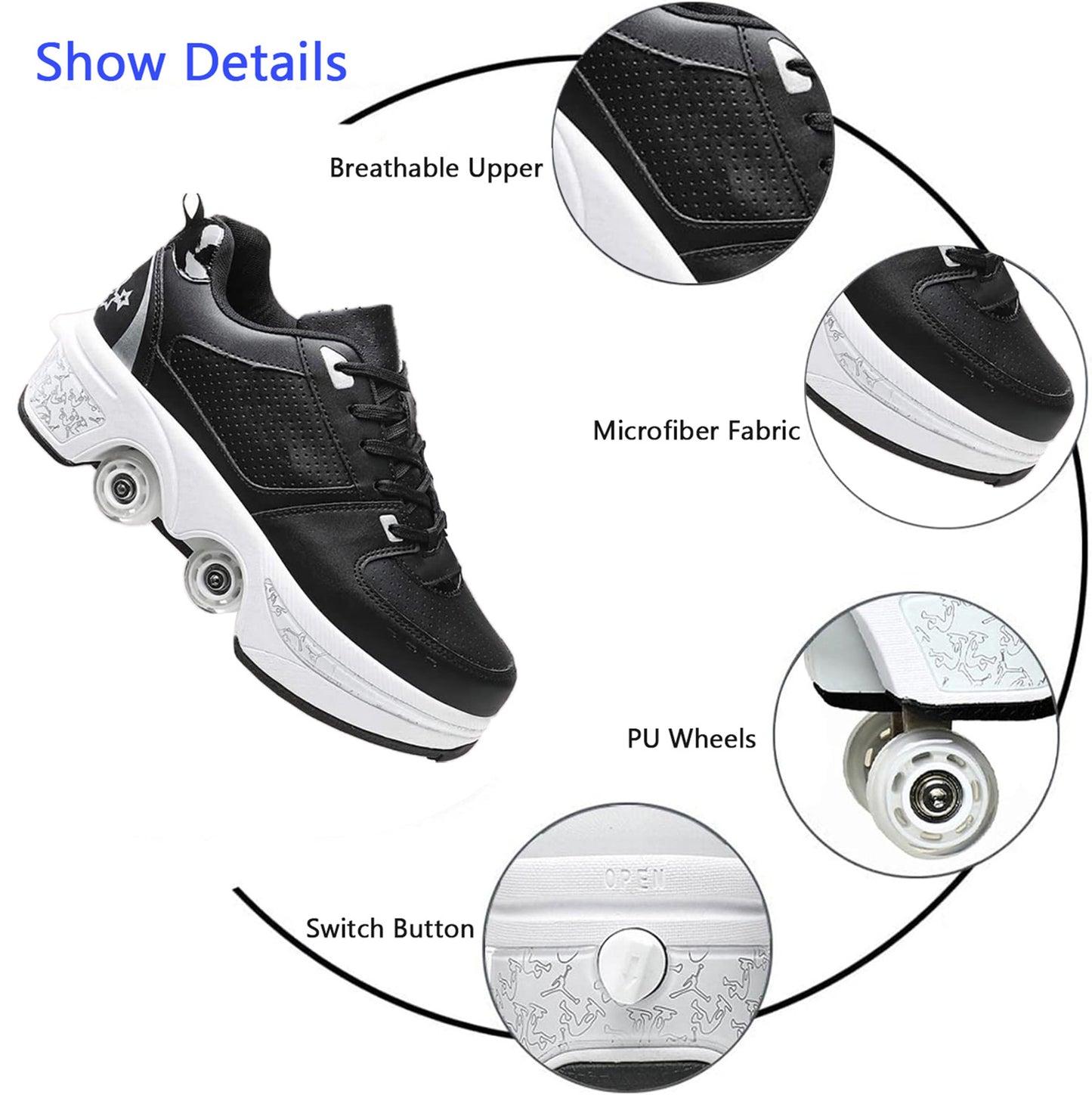 Black Silver Roller Skate Shoes for Men, Double-Row Deform Wheel Automatic Walking Shoes, Retractable Roller Skate, Shoes with Wheels, Skating Shoes for Outdoor Fun & Fitness