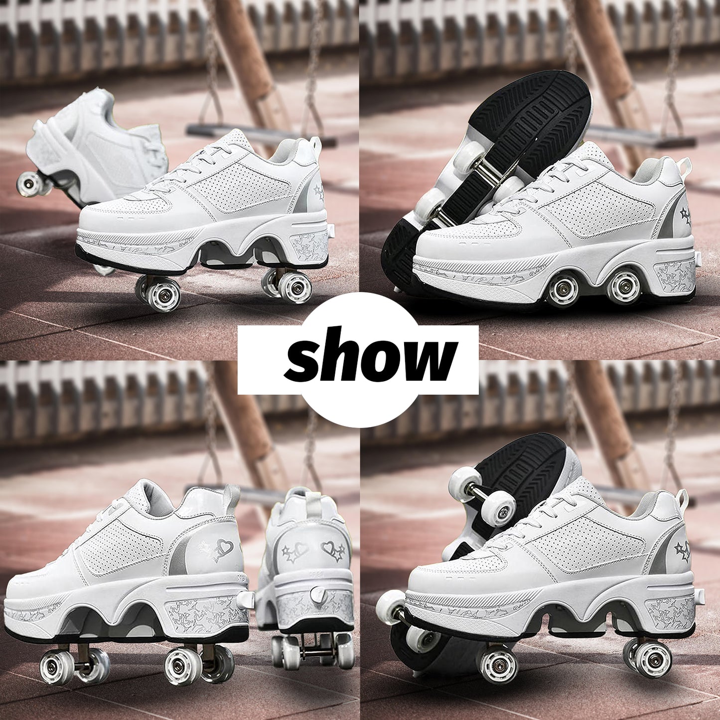 White Silver Roller Skate Shoes for Men, Double-Row Deform Wheel Automatic Walking Shoes, Retractable Roller Skate, Shoes with Wheels, Skating Shoes for Outdoor Fun & Fitness