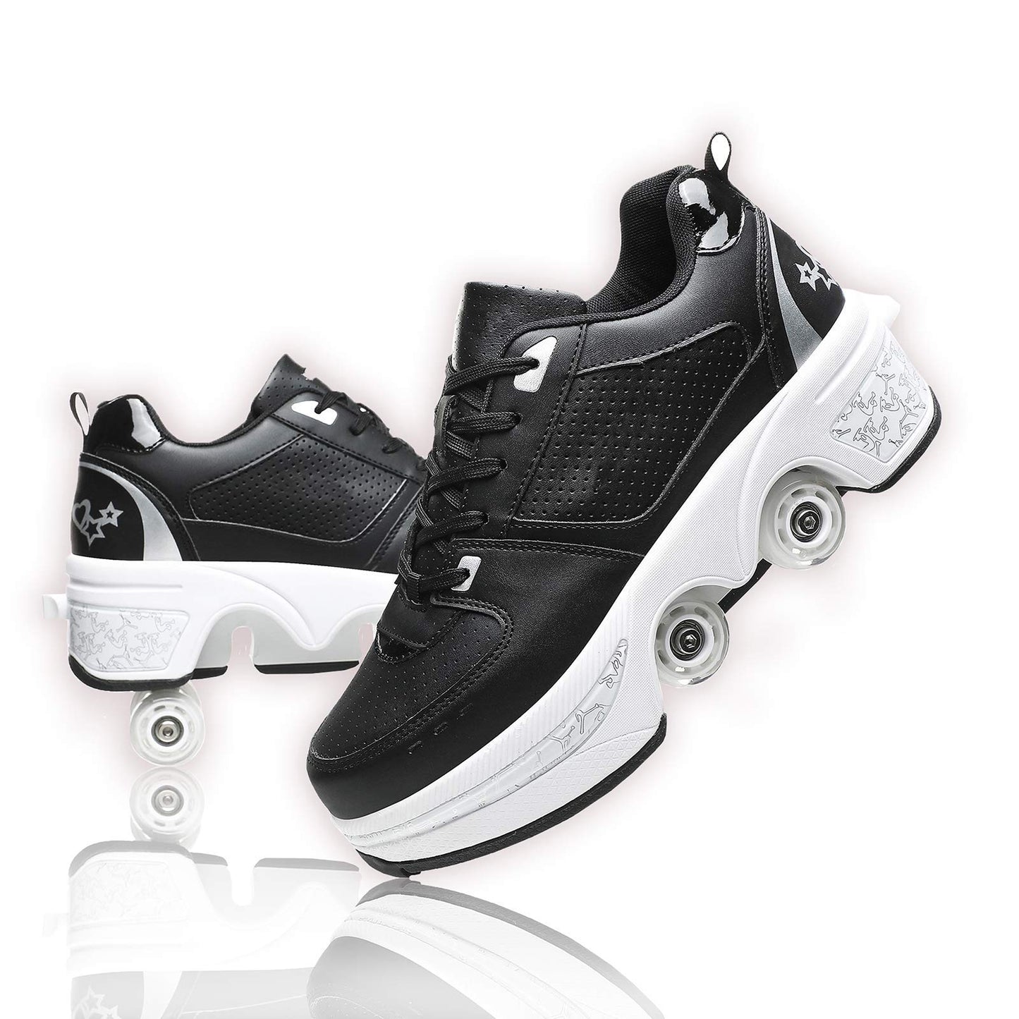 Black Silver Roller Skate Shoes for Men, Double-Row Deform Wheel Automatic Walking Shoes, Retractable Roller Skate, Shoes with Wheels, Skating Shoes for Outdoor Fun & Fitness