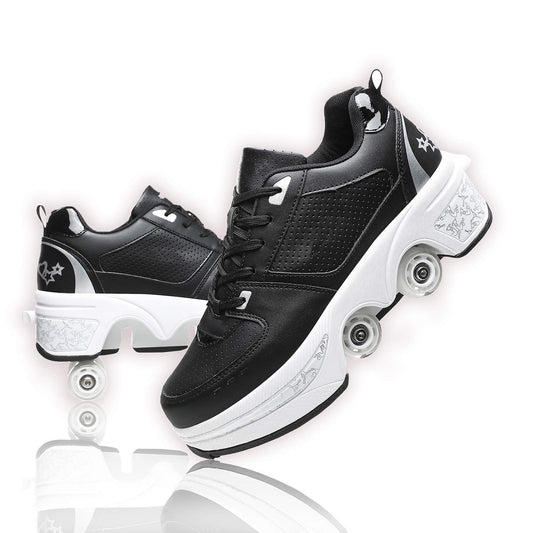 Black Silver Roller Skate Shoes for Men, Double-Row Deform Wheel Automatic Walking Shoes, Retractable Roller Skate, Shoes with Wheels, Skating Shoes for Outdoor Fun & Fitness