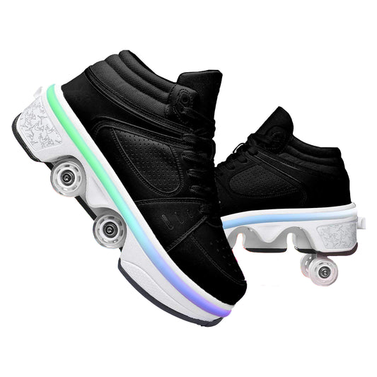 Black LED Roller Skate Shoes for Men, Double-Row Deform Wheel Automatic Walking Shoes, Retractable Roller Skate, Shoes with Wheels, Skating Shoes for Outdoor Fun & Fitness