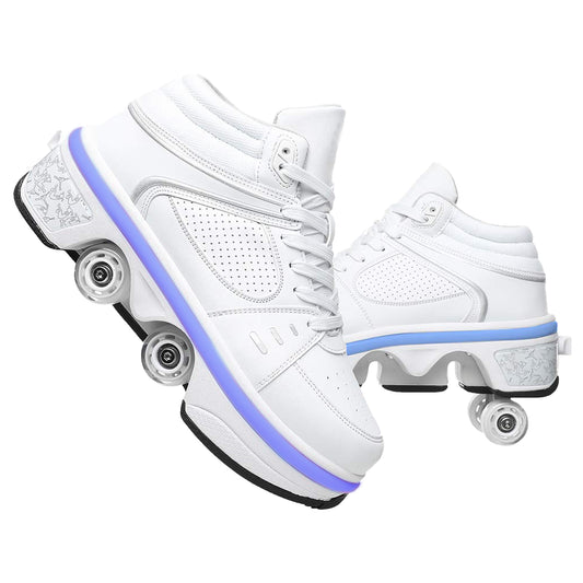 White LED Roller Skate Shoes for Men, Double-Row Deform Wheel Automatic Walking Shoes, Retractable Roller Skate, Shoes with Wheels, Skating Shoes for Outdoor Fun & Fitness