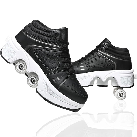Black High Roller Skate Shoes for Men, Double-Row Deform Wheel Automatic Walking Shoes, Retractable Roller Skate, Shoes with Wheels, Skating Shoes for Outdoor Fun & Fitness