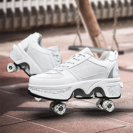 White Silver Roller Skate Shoes for Men, Double-Row Deform Wheel Automatic Walking Shoes, Retractable Roller Skate, Shoes with Wheels, Skating Shoes for Outdoor Fun & Fitness