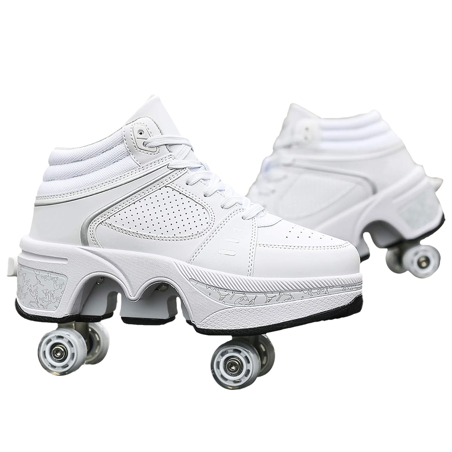 White High Roller Skate Shoes for Men, Double-Row Deform Wheel Automatic Walking Shoes, Retractable Roller Skate, Shoes with Wheels, Skating Shoes for Outdoor Fun & Fitness