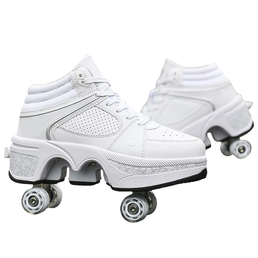 White High Roller Skate Shoes for Men, Double-Row Deform Wheel Automatic Walking Shoes, Retractable Roller Skate, Shoes with Wheels, Skating Shoes for Outdoor Fun & Fitness