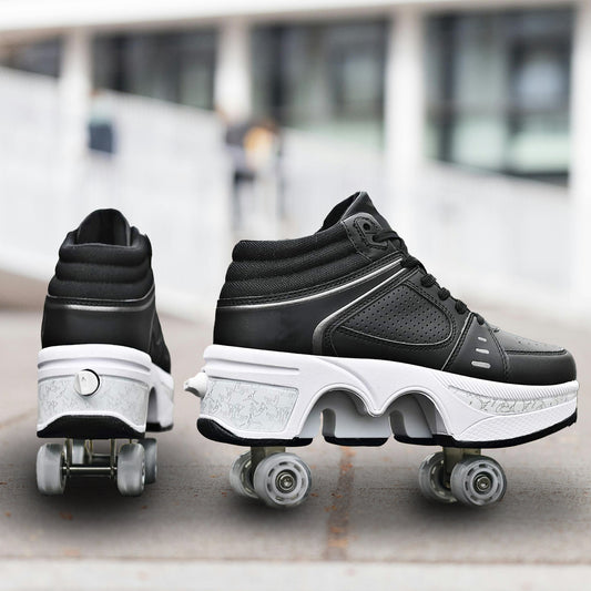 Black High Roller Skate Shoes for Men, Double-Row Deform Wheel Automatic Walking Shoes, Retractable Roller Skate, Shoes with Wheels, Skating Shoes for Outdoor Fun & Fitness