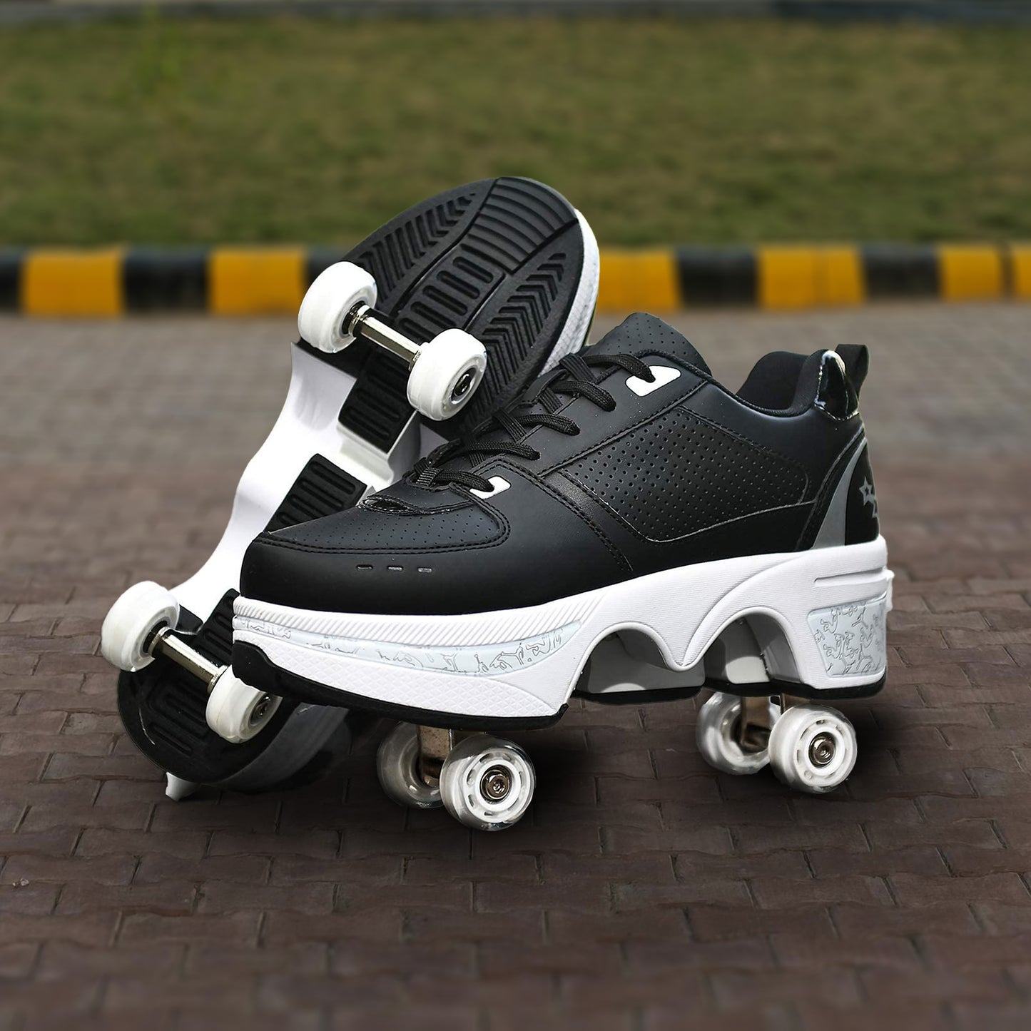 Black Silver Roller Skate Shoes for Men, Double-Row Deform Wheel Automatic Walking Shoes, Retractable Roller Skate, Shoes with Wheels, Skating Shoes for Outdoor Fun & Fitness