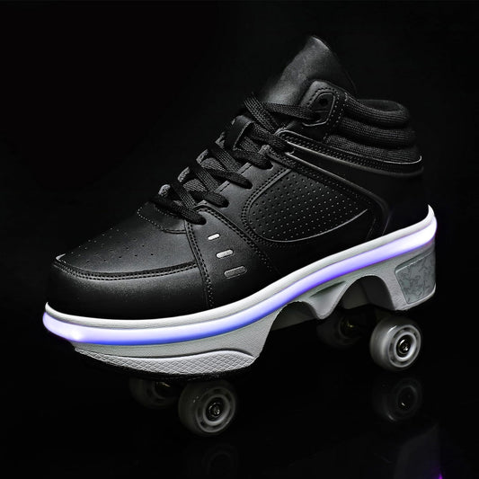 Black LED Roller Skate Shoes for Men, Double-Row Deform Wheel Automatic Walking Shoes, Retractable Roller Skate, Shoes with Wheels, Skating Shoes for Outdoor Fun & Fitness