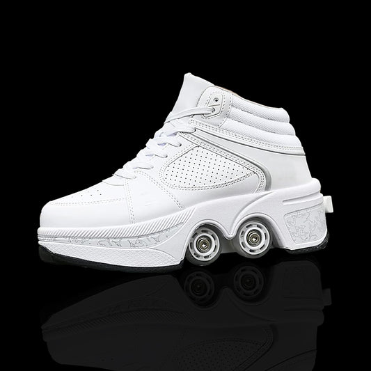 White High Roller Skate Shoes for Men, Double-Row Deform Wheel Automatic Walking Shoes, Retractable Roller Skate, Shoes with Wheels, Skating Shoes for Outdoor Fun & Fitness