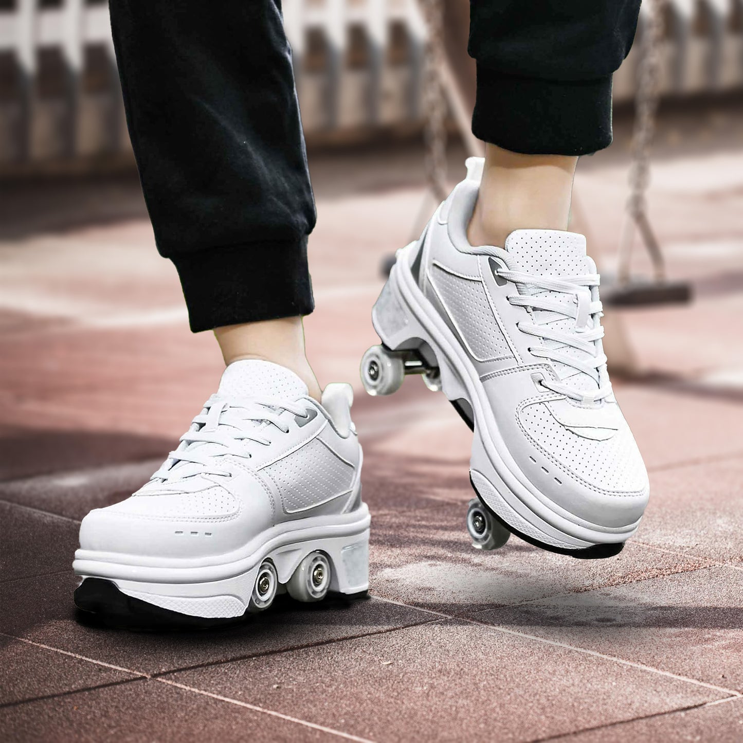 White Silver Roller Skate Shoes for Men, Double-Row Deform Wheel Automatic Walking Shoes, Retractable Roller Skate, Shoes with Wheels, Skating Shoes for Outdoor Fun & Fitness