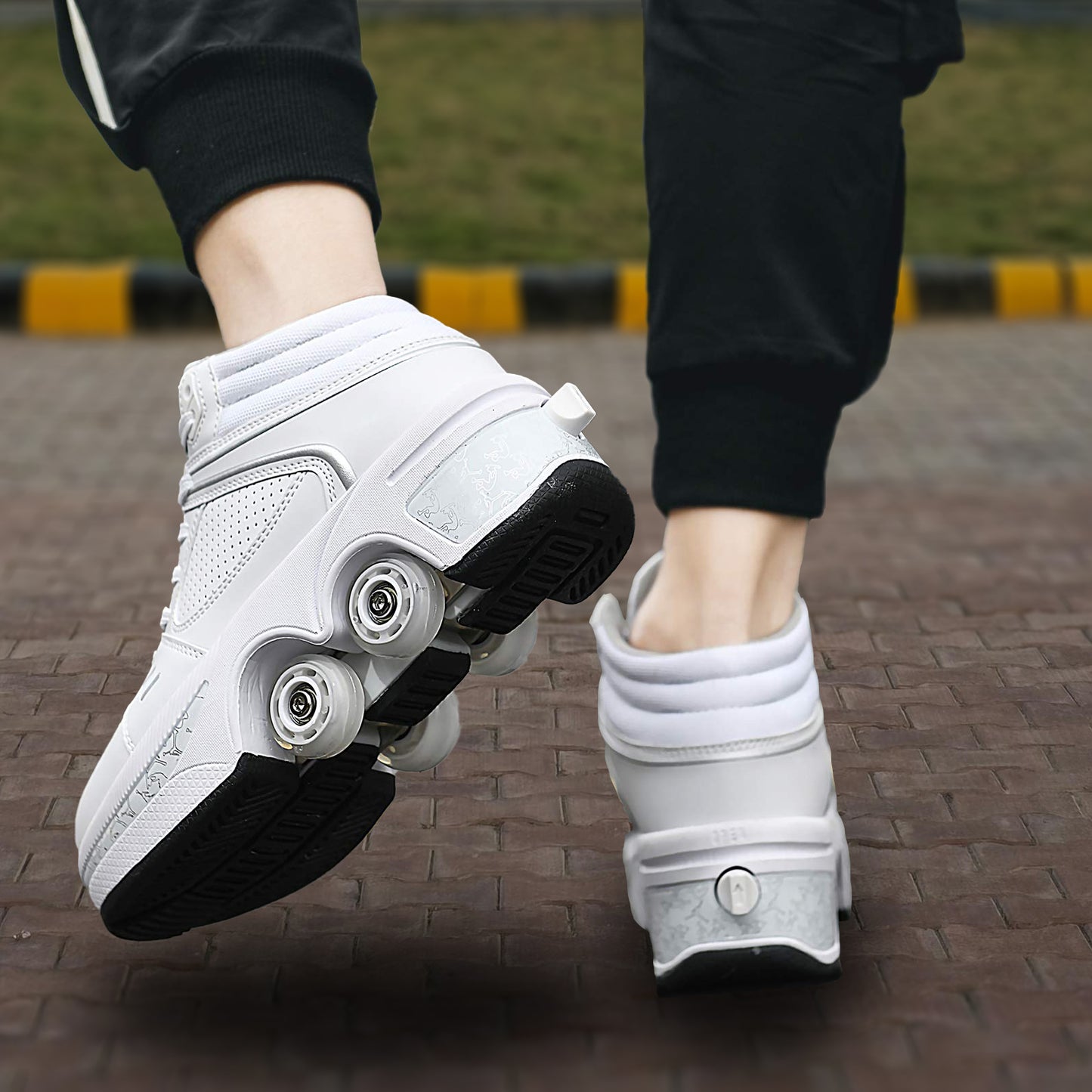 White High Roller Skate Shoes for Men, Double-Row Deform Wheel Automatic Walking Shoes, Retractable Roller Skate, Shoes with Wheels, Skating Shoes for Outdoor Fun & Fitness
