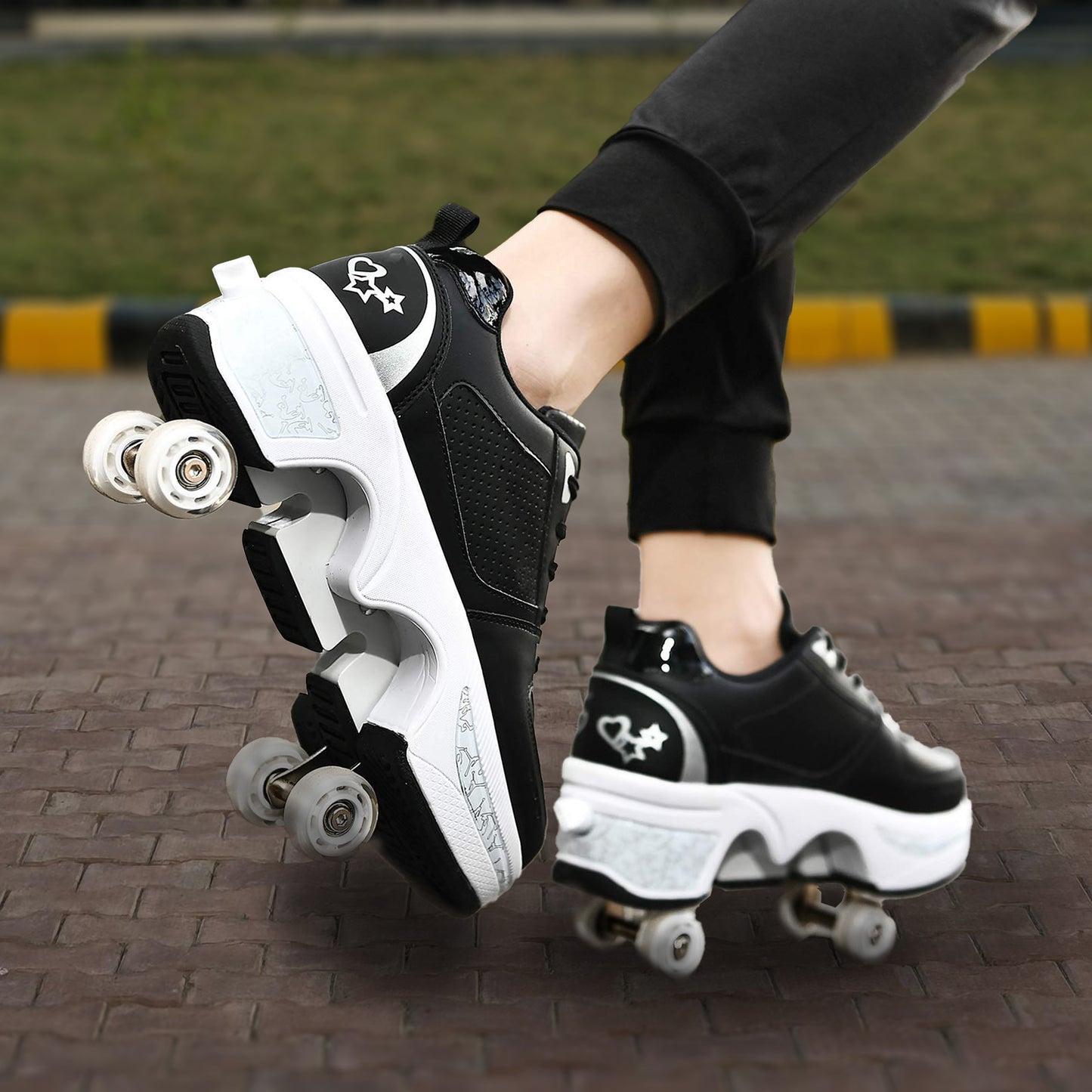 Black Silver Roller Skate Shoes for Men, Double-Row Deform Wheel Automatic Walking Shoes, Retractable Roller Skate, Shoes with Wheels, Skating Shoes for Outdoor Fun & Fitness