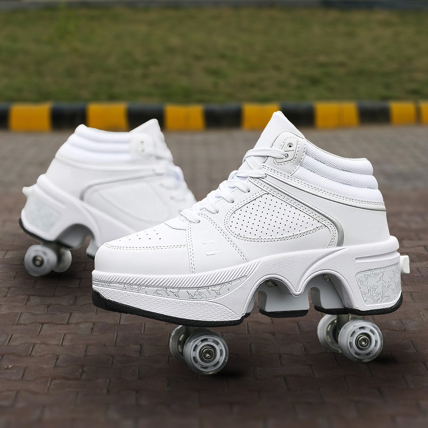 White High Roller Skate Shoes for Men, Double-Row Deform Wheel Automatic Walking Shoes, Retractable Roller Skate, Shoes with Wheels, Skating Shoes for Outdoor Fun & Fitness