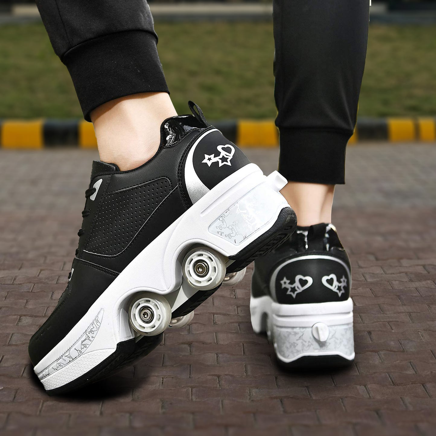 Black Silver Roller Skate Shoes for Men, Double-Row Deform Wheel Automatic Walking Shoes, Retractable Roller Skate, Shoes with Wheels, Skating Shoes for Outdoor Fun & Fitness