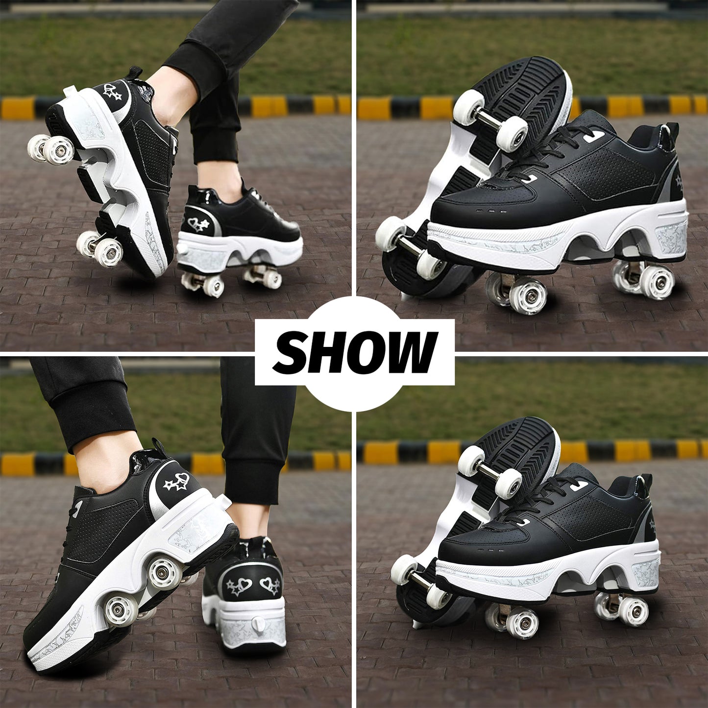 Black Silver Roller Skate Shoes for Men, Double-Row Deform Wheel Automatic Walking Shoes, Retractable Roller Skate, Shoes with Wheels, Skating Shoes for Outdoor Fun & Fitness