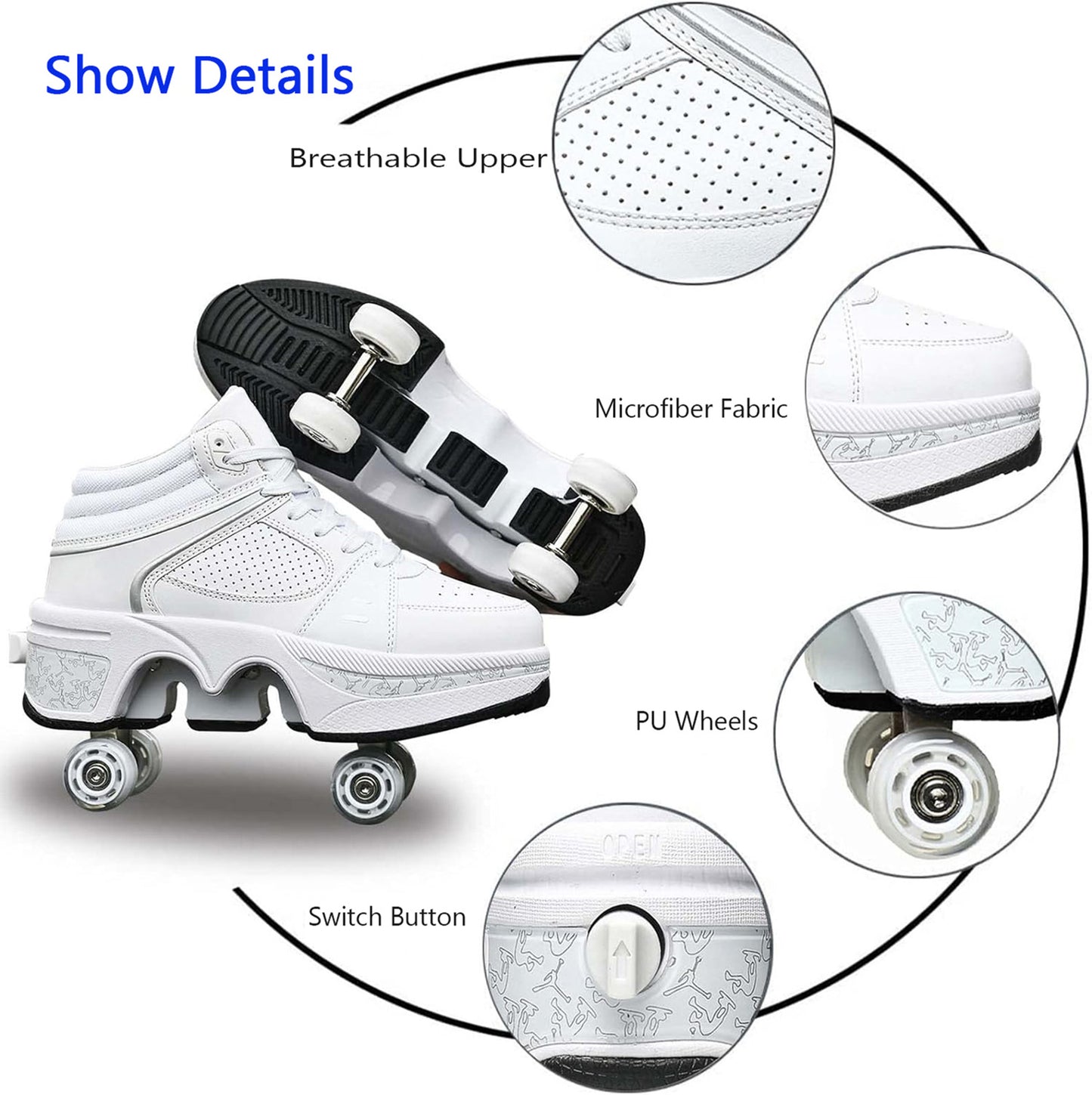 White High Roller Skate Shoes for Men, Double-Row Deform Wheel Automatic Walking Shoes, Retractable Roller Skate, Shoes with Wheels, Skating Shoes for Outdoor Fun & Fitness