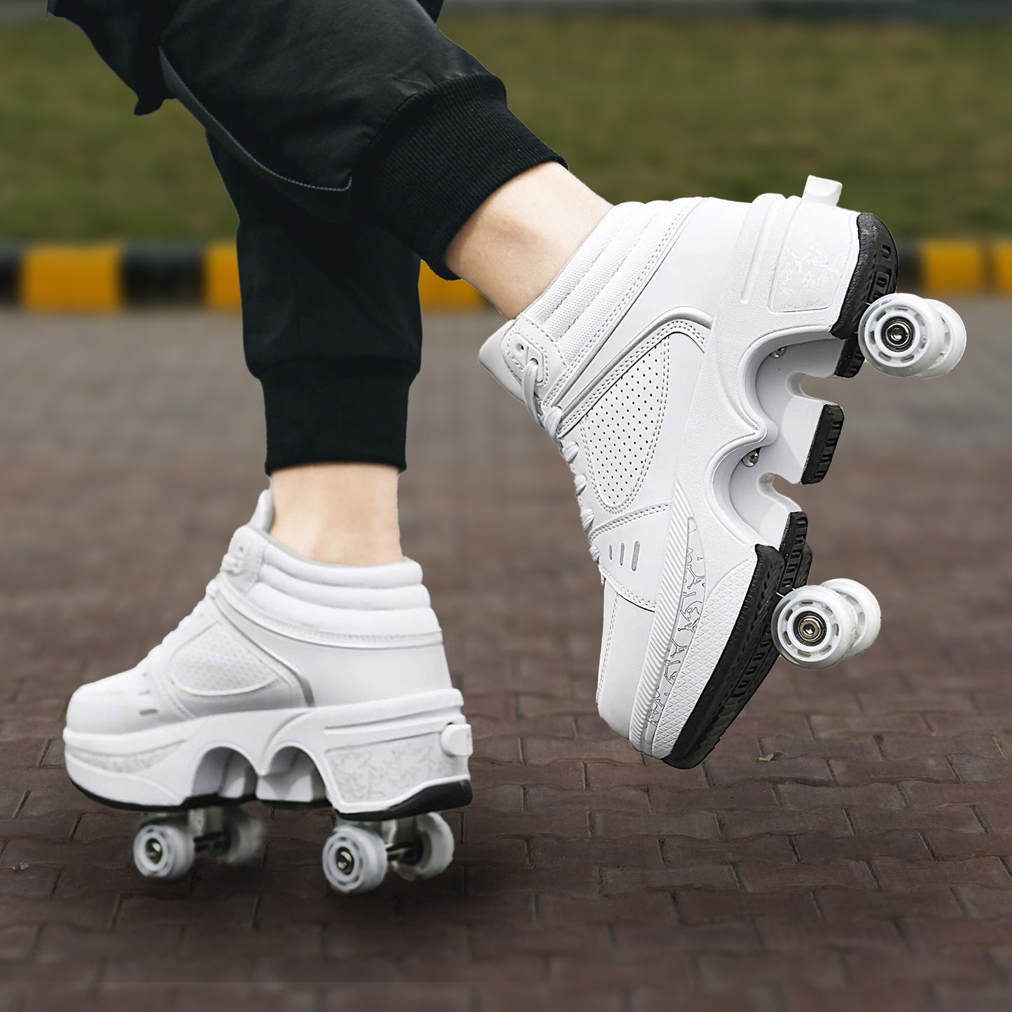 White High Roller Skate Shoes for Men, Double-Row Deform Wheel Automatic Walking Shoes, Retractable Roller Skate, Shoes with Wheels, Skating Shoes for Outdoor Fun & Fitness