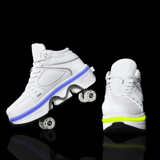 White LED Roller Skate Shoes for Men, Double-Row Deform Wheel Automatic Walking Shoes, Retractable Roller Skate, Shoes with Wheels, Skating Shoes for Outdoor Fun & Fitness