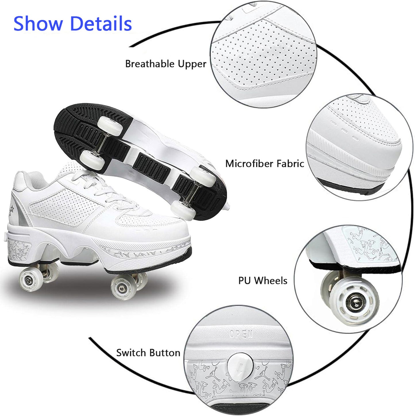White Silver Roller Skate Shoes for Men, Double-Row Deform Wheel Automatic Walking Shoes, Retractable Roller Skate, Shoes with Wheels, Skating Shoes for Outdoor Fun & Fitness